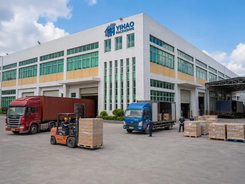 Wholesale Custom Cups for Supermarkets, Cafes, Bakeries, and Foodservice Brands 7 YIHAO packaging factory exterior with loading trucks and palletized custom cup cartons for wholesale export