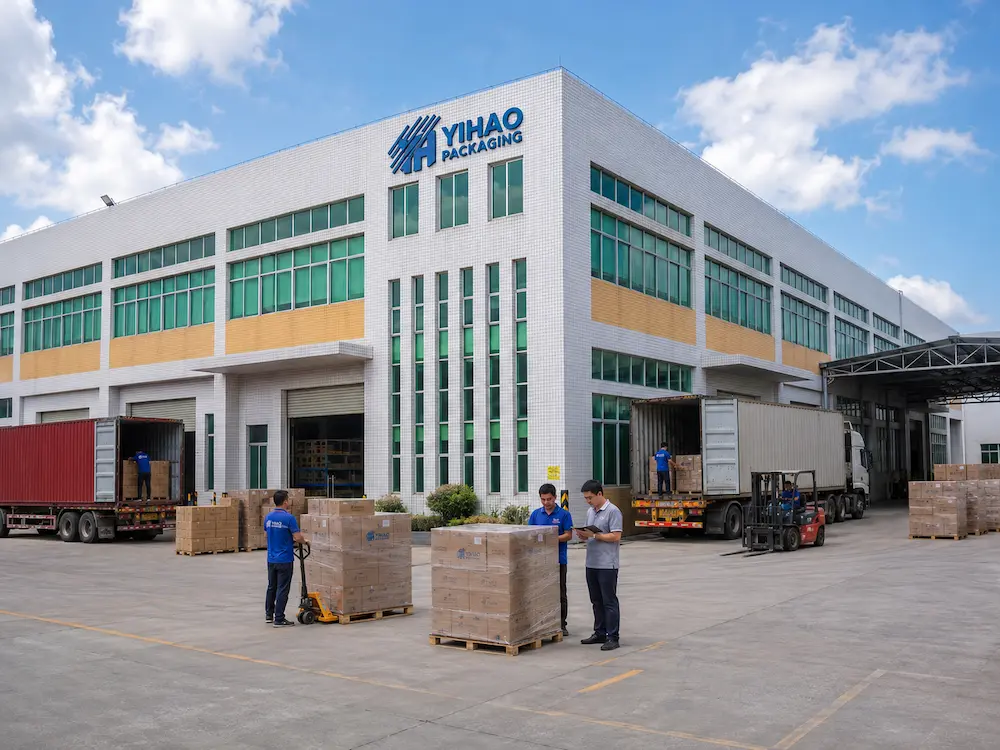 Fresh Produce Retail Display FAQ: Materials, Sizes, Uses, and Ordering Questions 8 YIHAO factory exterior with cartons and container loading for fresh produce packaging orders