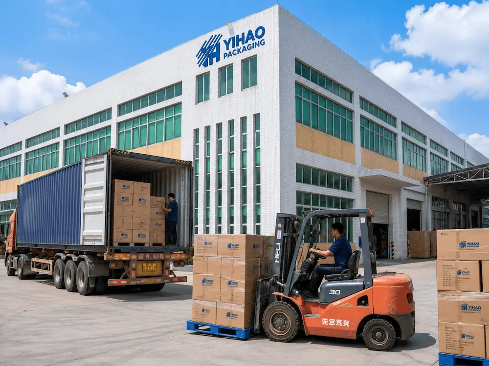 Juice, Lemonade, and Sparkling Fruit Drink Cups Complete Guide 7 YIHAO food packaging factory loading carton-packed cold cup products for shipment