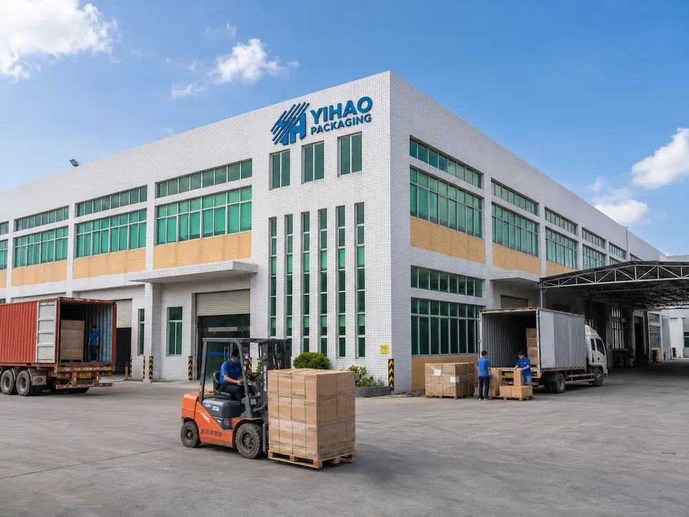 Produce Packaging Manufacturer: Buyer Guide for Food Packaging Teams 8 YIHAO food packaging factory exterior with loading trucks pallets and export shipment preparation
