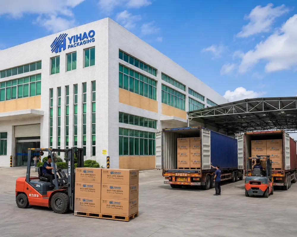 Wholesale Fruit Cup Packaging: Manufacturer and Supplier Checklist 8 YIHAO fruit cup packaging factory loading cartons for wholesale shipment and bulk supply
