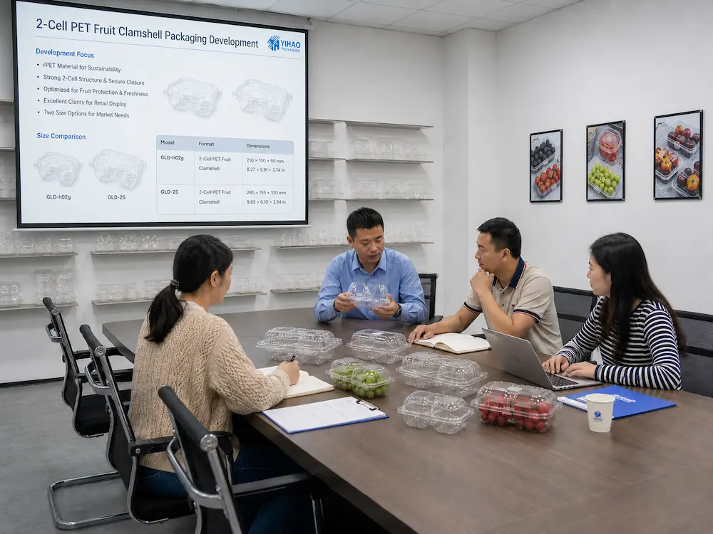 Fruit Packaging for Supermarkets and Convenience Stores Complete Guide 7 YIHAO team reviewing 2-cell PET fruit clamshell packaging samples with retail buyers