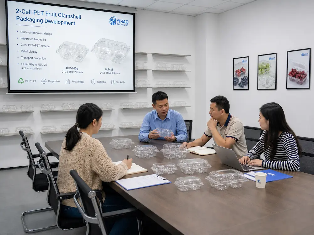 Retail Fruit Containers: Buyer Guide for Food Packaging Teams 7 YIHAO packaging development meeting with 2-cell PET fruit clamshell samples