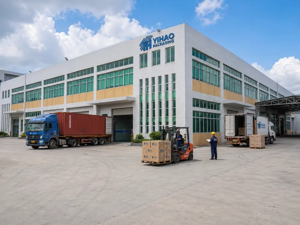 YIHAO packaging factory exterior with cartons, forklift, and trucks prepared for food packaging shipment