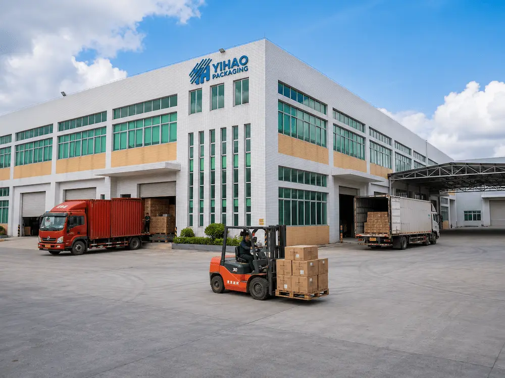 YIHAO Packaging factory exterior with trucks, forklift, and packed cartons for wholesale supply