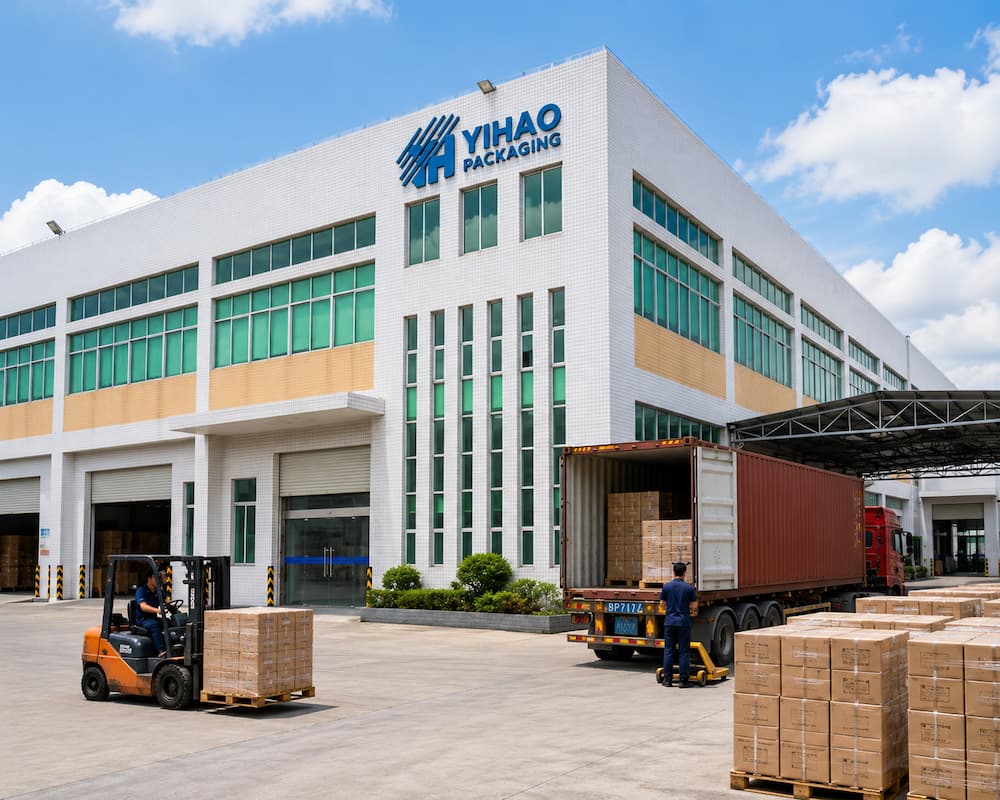 Custom Cup Manufacturer FAQ: Materials, Sizes, Uses, and Ordering Questions 8 YIHAO Packaging factory exterior with workers loading export cartons into a container truck