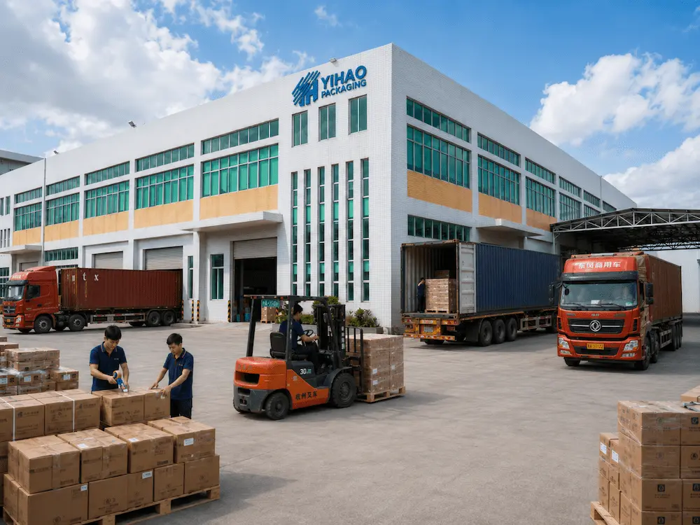 YIHAO packaging factory exterior with cartons, pallets, trucks, and export loading