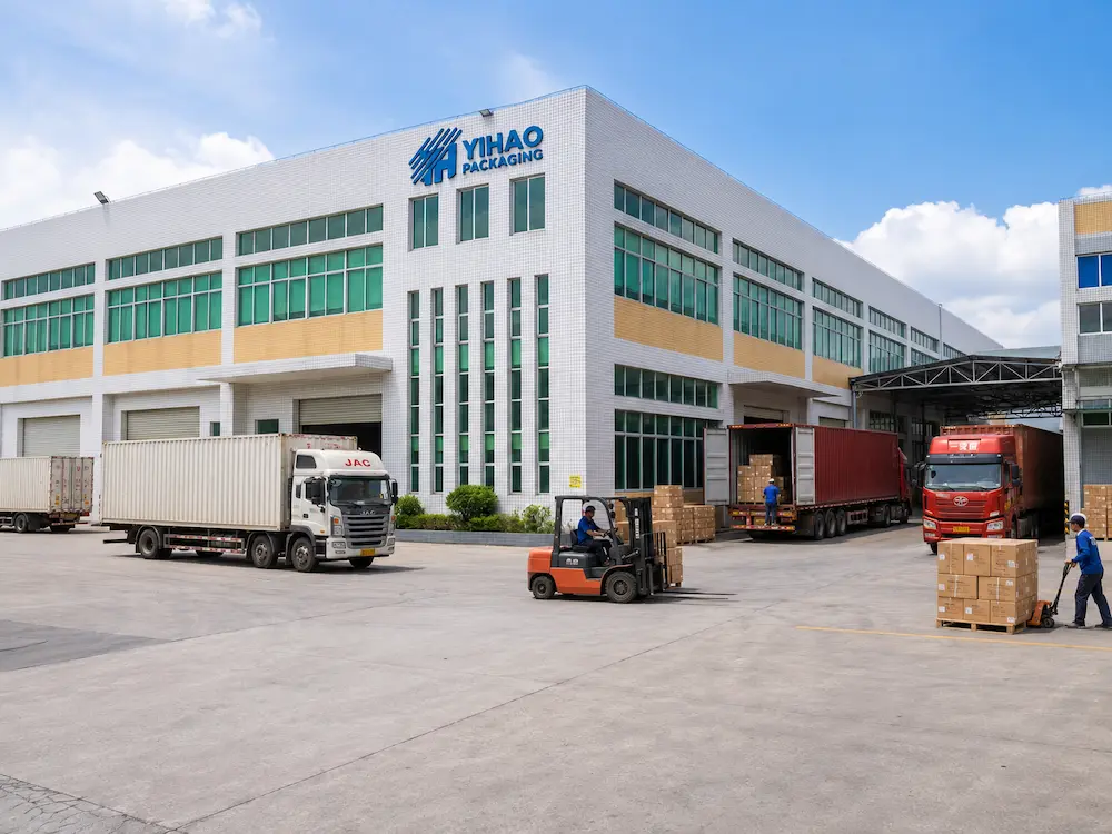 YIHAO Packaging factory exterior with trucks and cartons for wholesale food packaging shipment