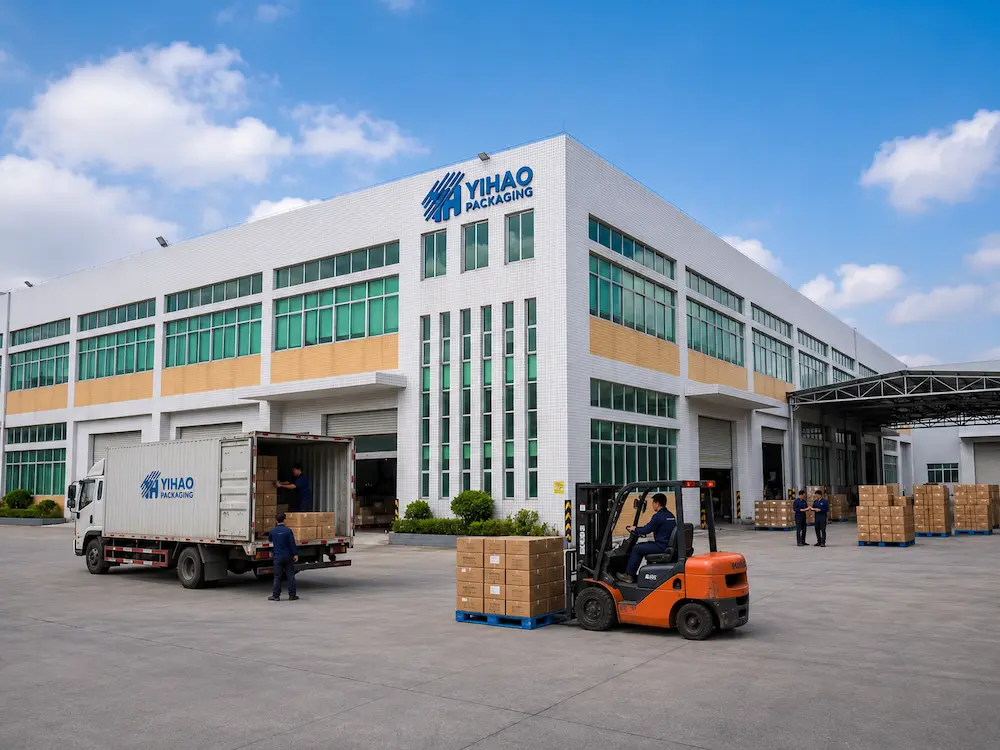 YIHAO packaging factory exterior with food packaging cartons and loading operation