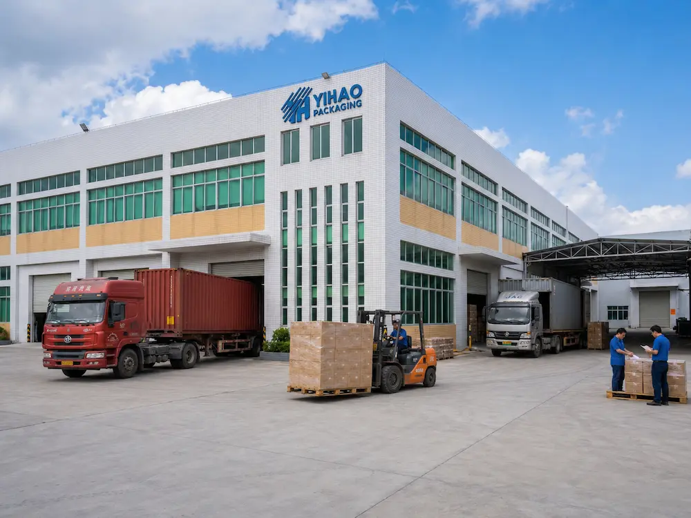 Best Nut Containers for Retail Display, Takeaway, and Chilled Food 5 YIHAO Packaging factory loading area with cartons prepared for wholesale food packaging shipment