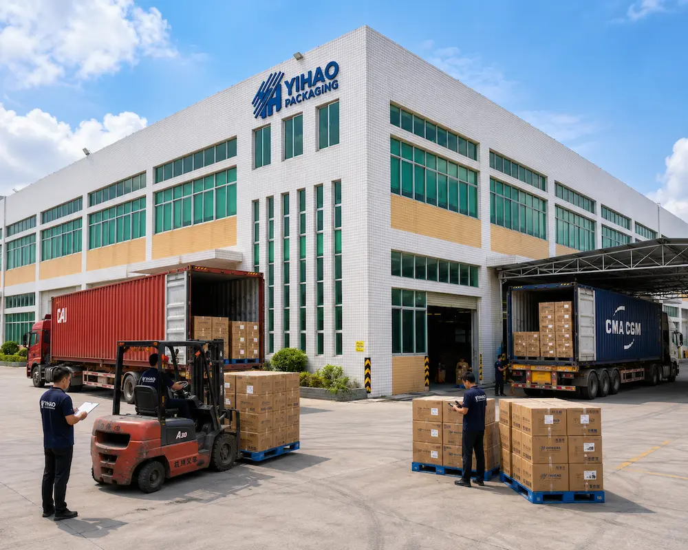 Vented Packaging Design for Fresh Produce, Cafes, Bakeries, and Foodservice Brands 8 YIHAO packaging factory exterior with sealed cartons, pallets, forklifts, and container loading for wholesale shipment