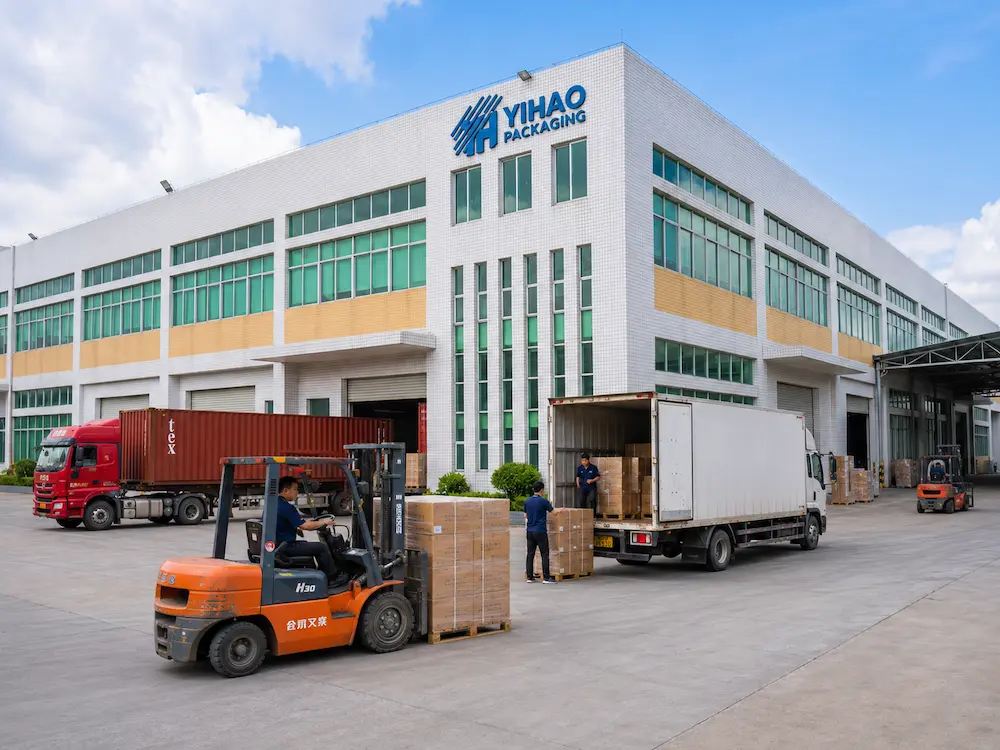 YIHAO packaging factory loading cartons for wholesale food packaging supply.