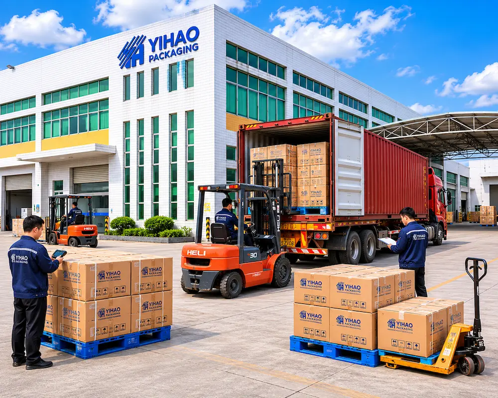 PET Produce Clamshells FAQ: Materials, Sizes, Uses, and Ordering Questions 8 YIHAO packaging factory loading PET produce clamshell orders for wholesale and export shipment