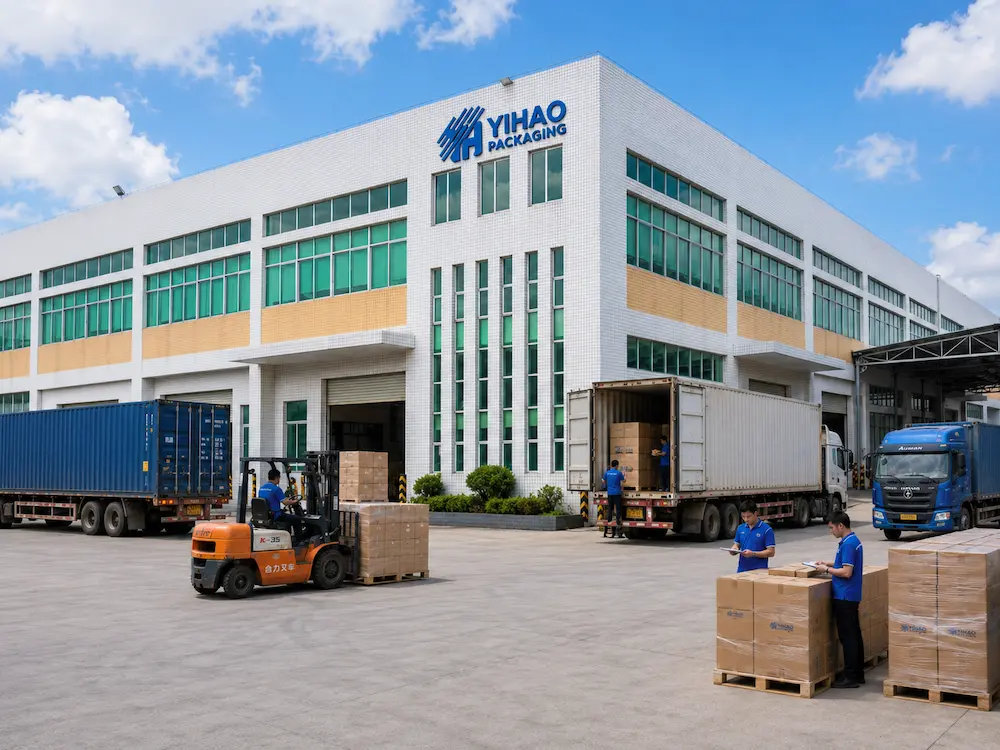 YIHAO packaging factory loading cartons for wholesale produce container orders with trucks and pallet handling