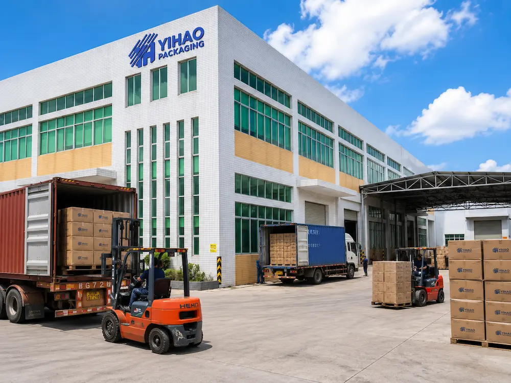 YIHAO packaging factory exterior with loading trucks forklifts and palletized cartons