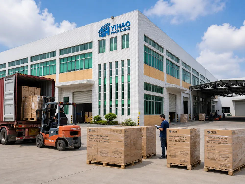 Chilled Salad Packaging FAQ: Materials, Sizes, Uses, and Ordering Questions 7 YIHAO Packaging factory loading cartons of chilled salad containers for wholesale shipment