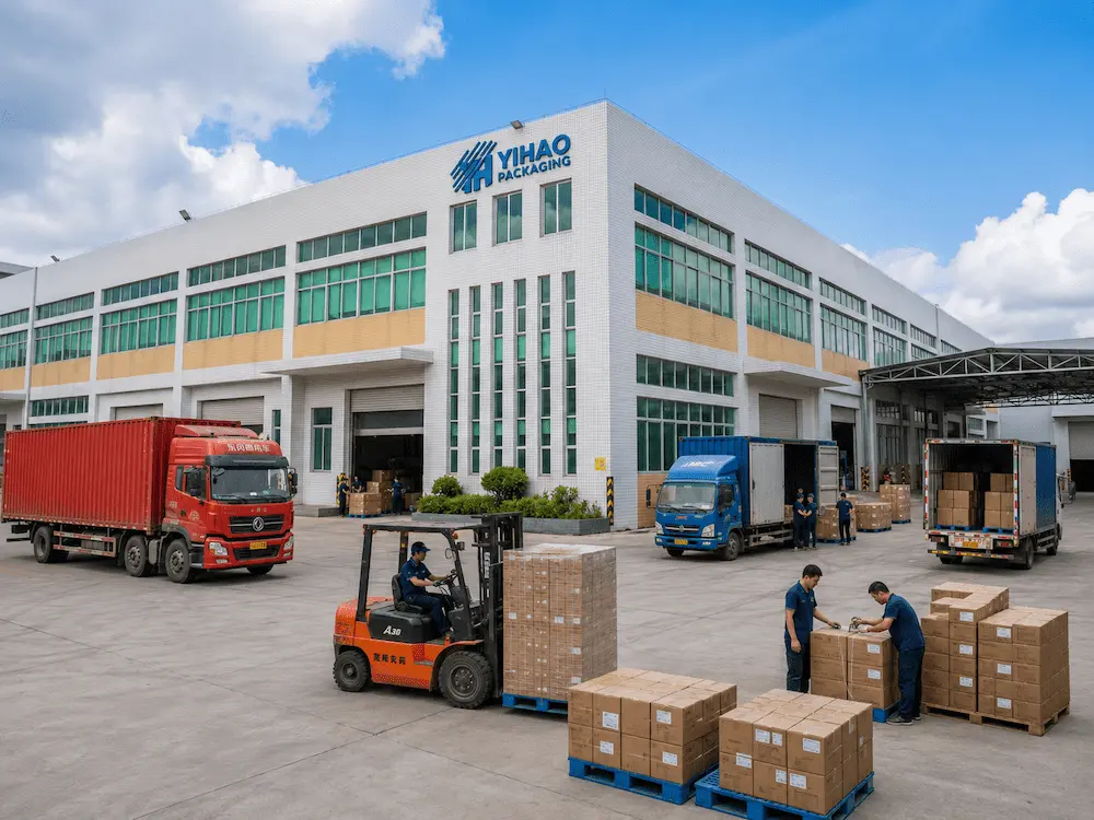 Flat Lid Compatibility for Supermarkets, Cafes, Bakeries, and Foodservice Brands 8 YIHAO packaging factory with palletized cartons trucks and wholesale shipping operations