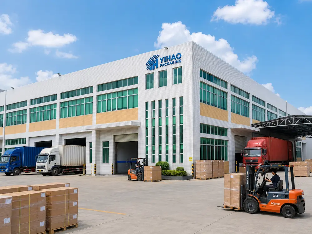 YIHAO packaging factory exterior with palletized cartons, trucks, and forklift loading