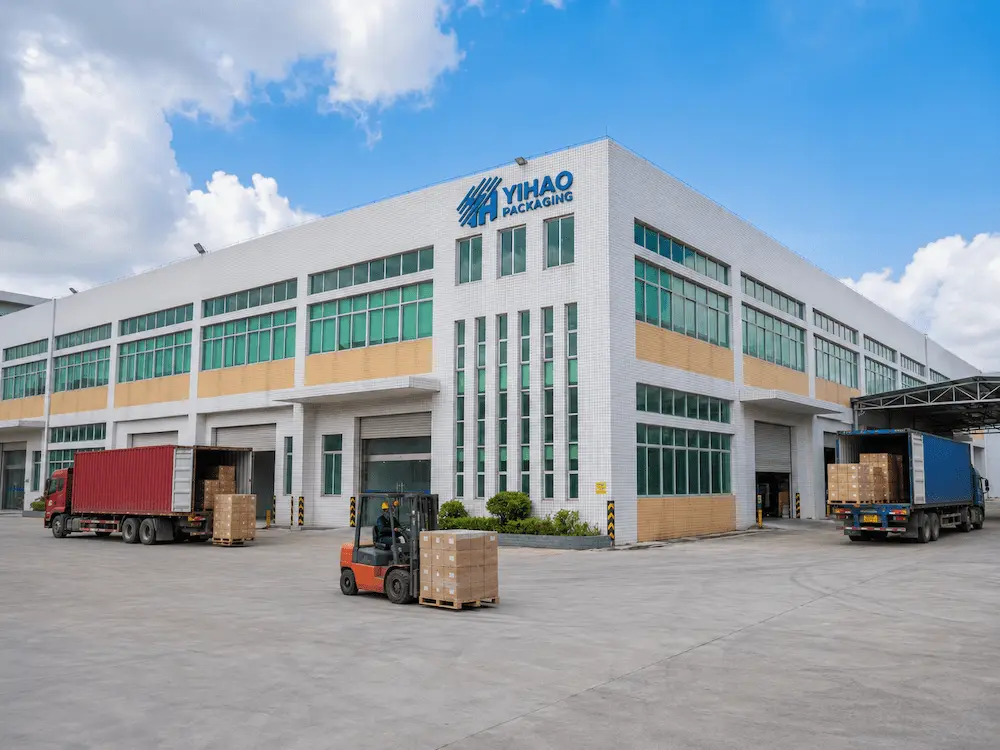 YIHAO packaging factory exterior with trucks and palletized cartons for wholesale supply