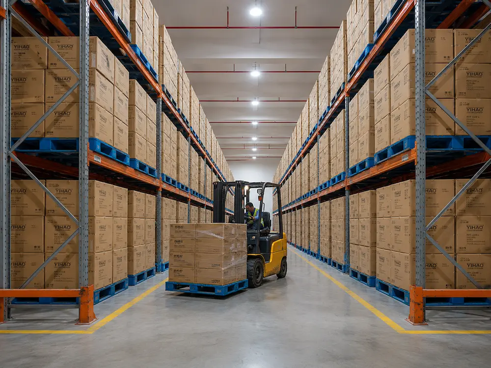 YIHAO packaging warehouse with packed cartons, pallet storage, and forklift handling for wholesale PET cup supply