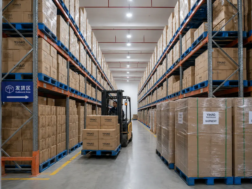 YIHAO packaging warehouse with cartons pallets forklift and outbound shipment area