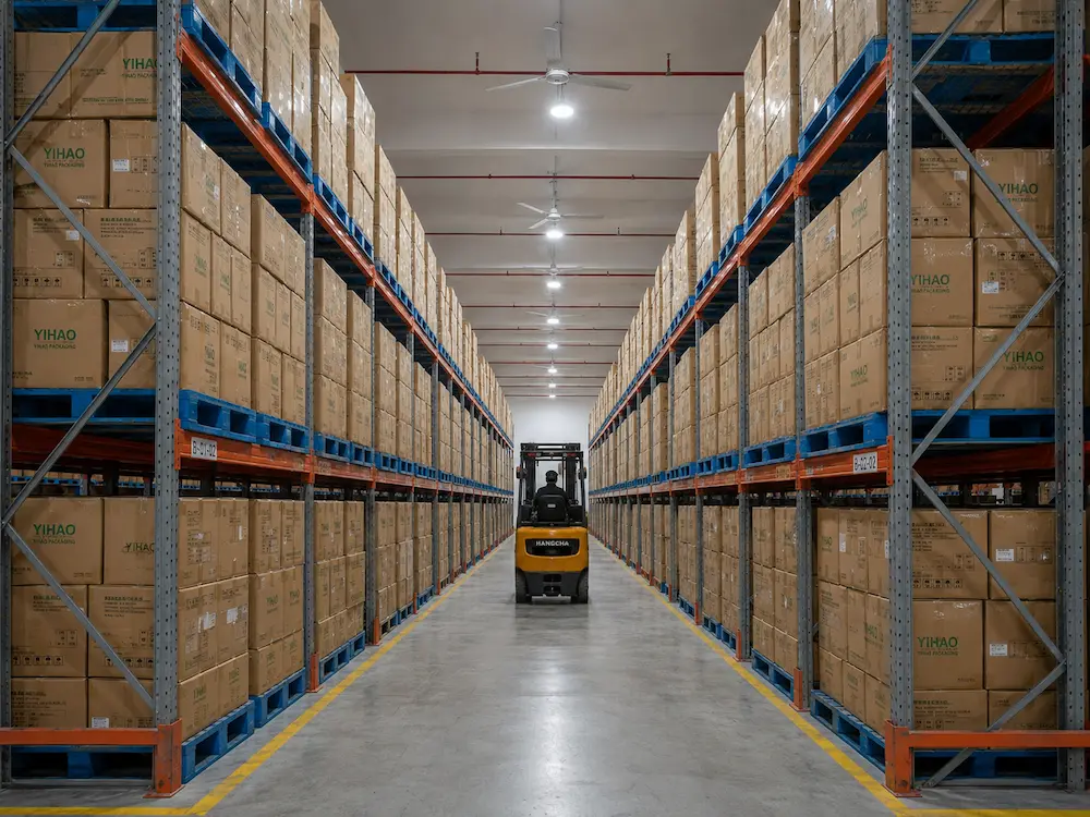 Iced Tea Cups FAQ: Materials, Sizes, Uses, and Ordering Questions 6 YIHAO warehouse with stacked cartons for cold cup and food packaging inventory