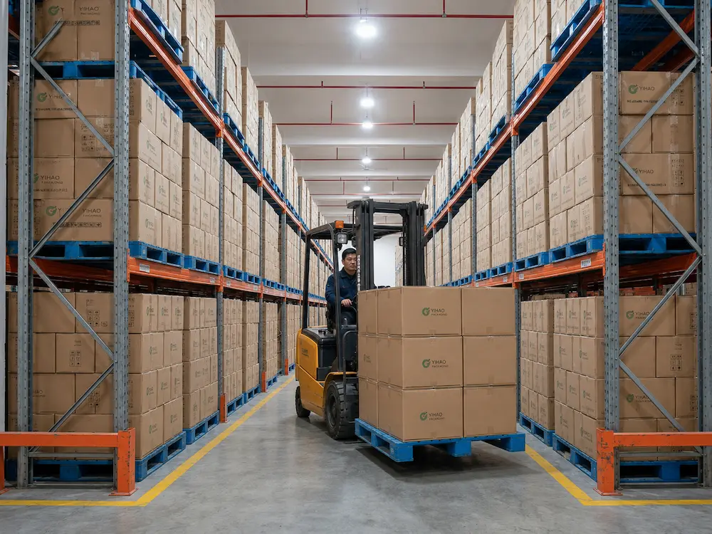 Clear Round Food Containers vs Alternative Packaging: How Buyers Should Choose 7 YIHAO packaging warehouse with palletized cartons and forklift for wholesale food container supply
