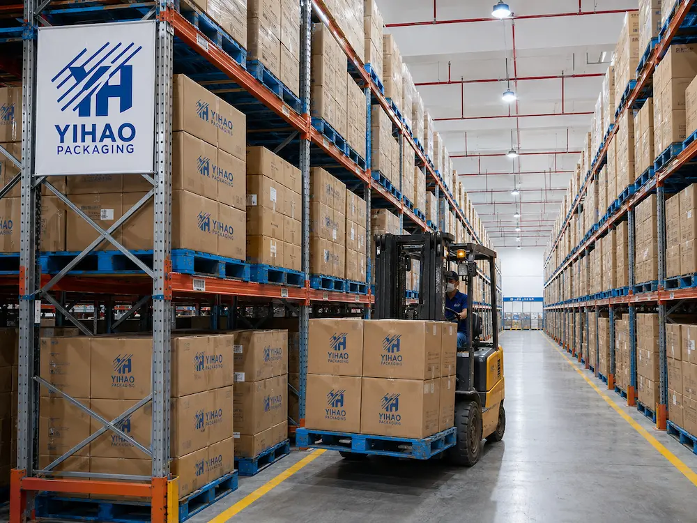 YIHAO packaging warehouse with cartons, pallets, and forklift for wholesale fruit container supply