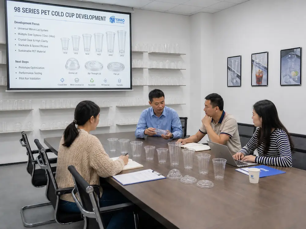 Refresher Cups vs Alternative Packaging: How Buyers Should Choose 7 YIHAO team discussing PET cold cup and lid development