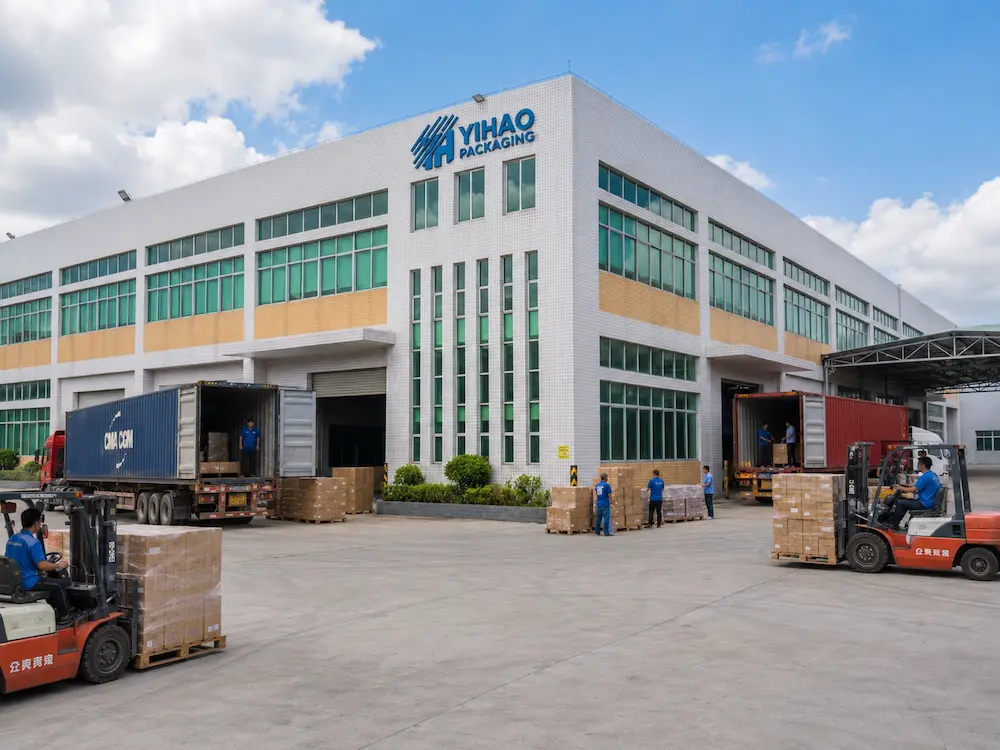 YIHAO PET deli container factory exterior with wholesale carton loading and shipment preparation