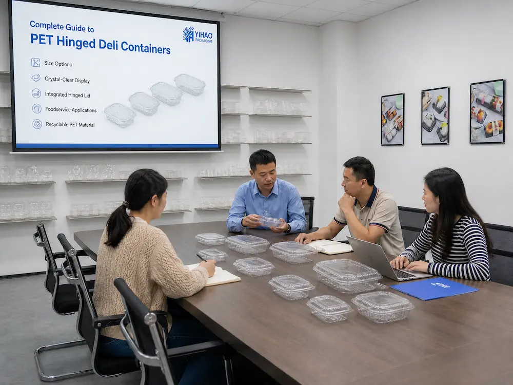 YIHAO team discussing PET hinged deli container samples with food packaging buyers