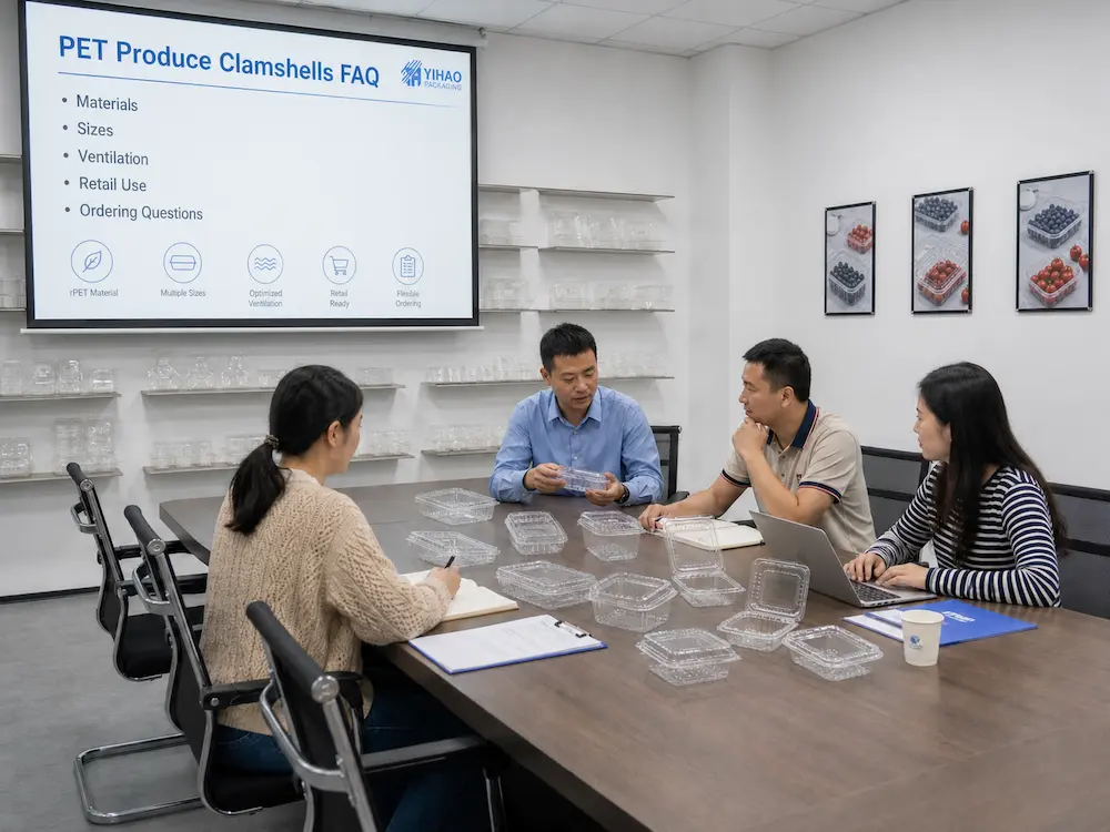 PET Produce Clamshells FAQ: Materials, Sizes, Uses, and Ordering Questions 7 YIHAO team discussing PET produce clamshell FAQ materials sizes ventilation and ordering questions
