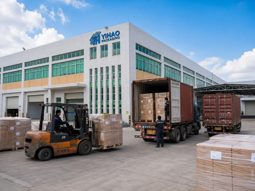 YIHAO packaging factory exterior with forklift loading cartons into export containers for wholesale food packaging shipment