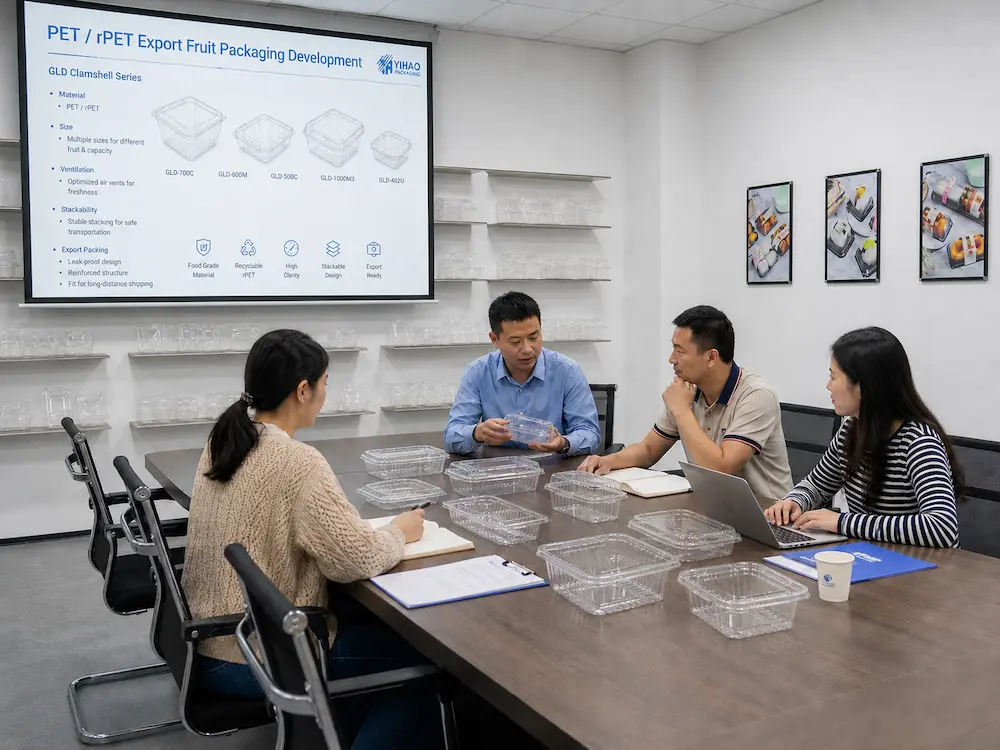 Export Fruit Packaging FAQ: Materials, Sizes, Uses, and Ordering Questions 6 YIHAO team discussing PET rPET export fruit packaging development
