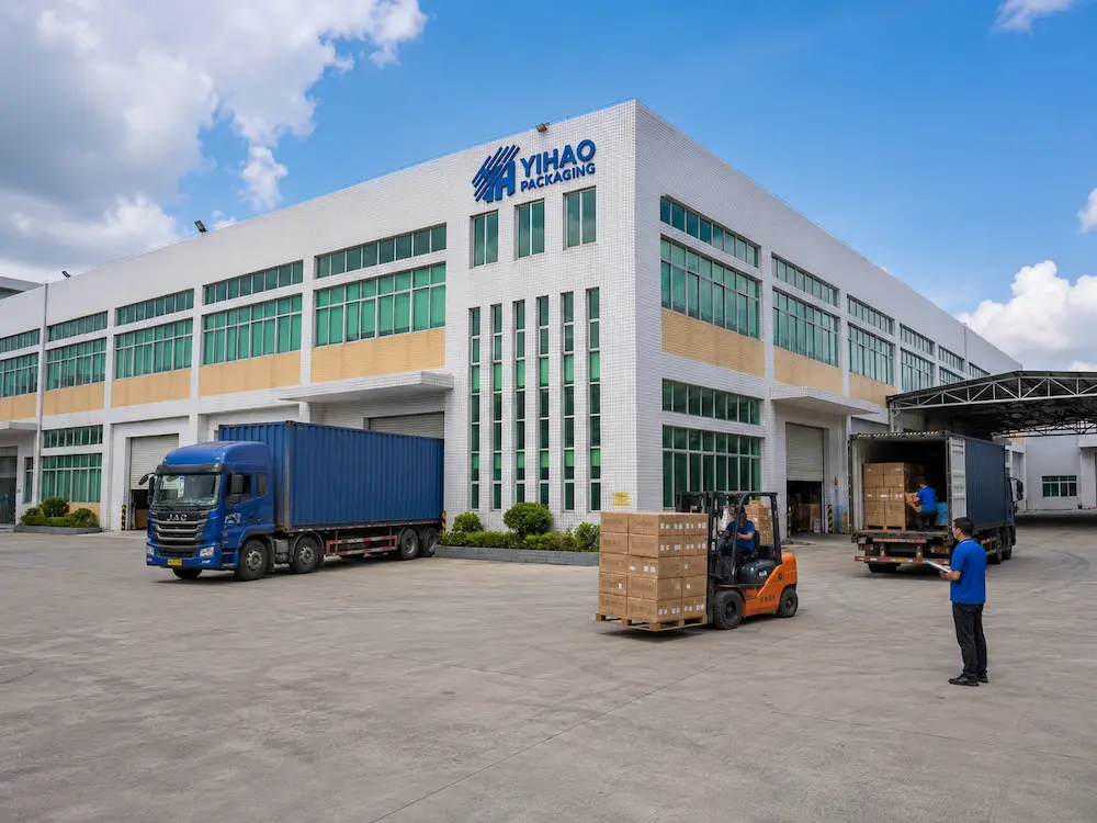 Best Breathable Produce Packaging for Retail Display, Takeaway, and Chilled Food 8 YIHAO produce packaging factory with loading area trucks cartons forklift and export shipment preparation
