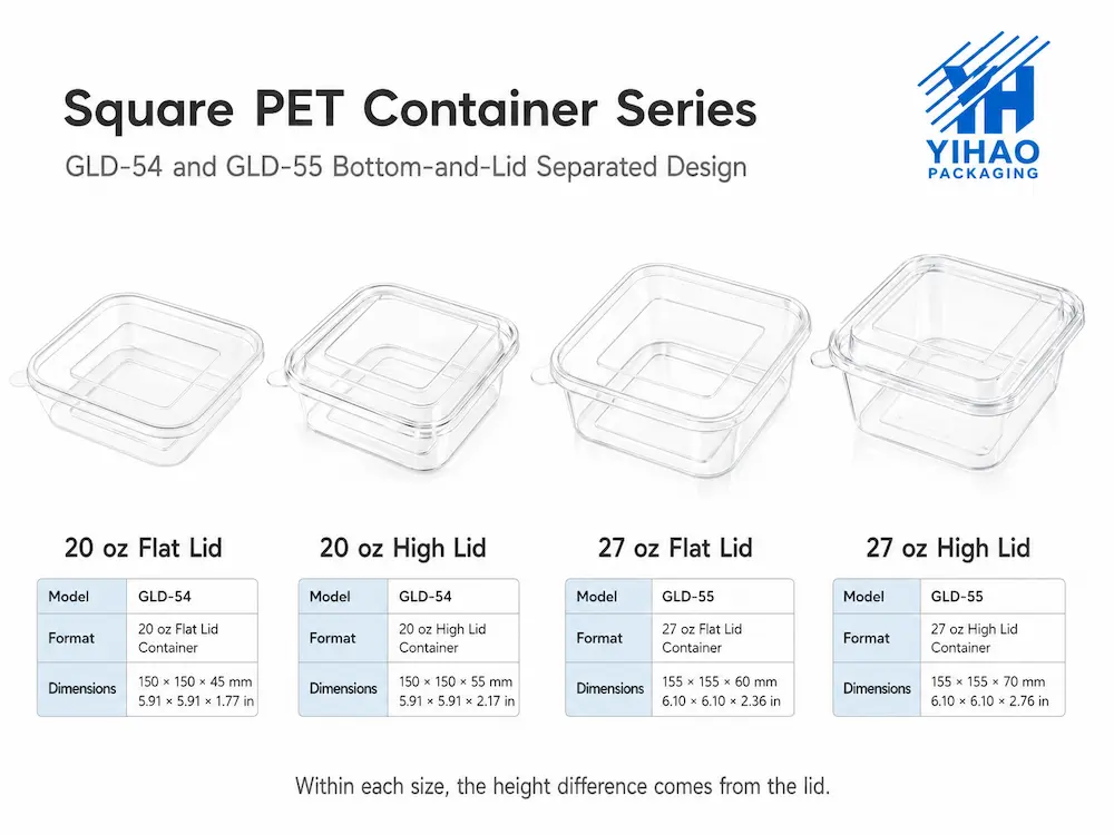 Wholesale PET Square Bowls: Manufacturer and Supplier Checklist 5 YIHAO square PET container series with 20 oz and 27 oz flat lid and high lid options
