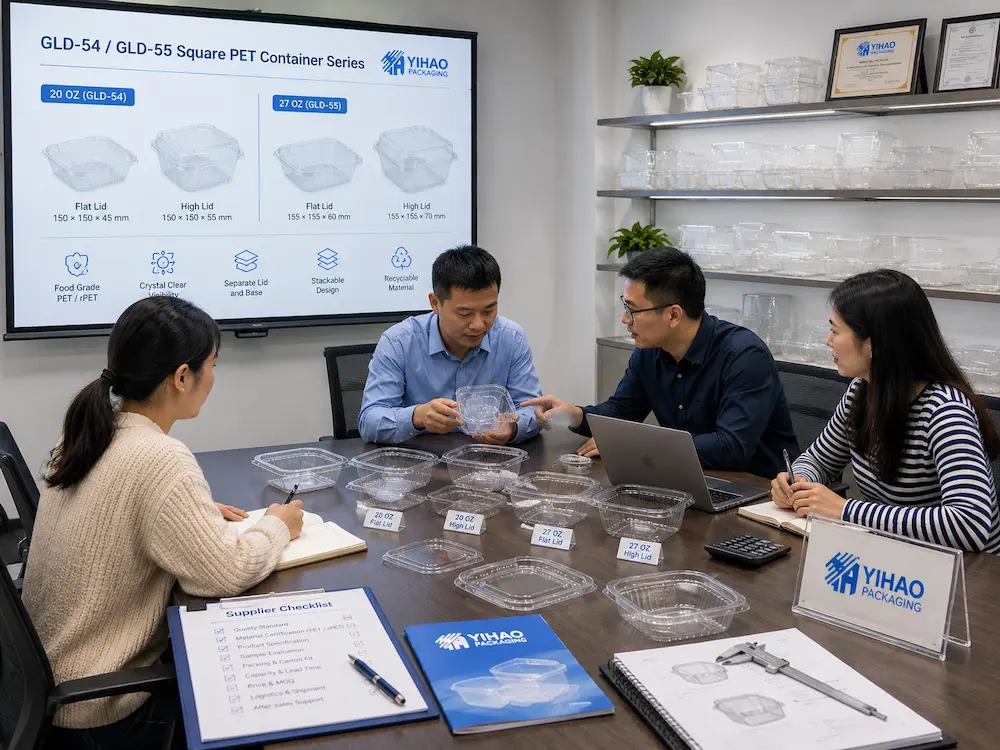 YIHAO team discussing square PET container samples with buyers in a supplier meeting