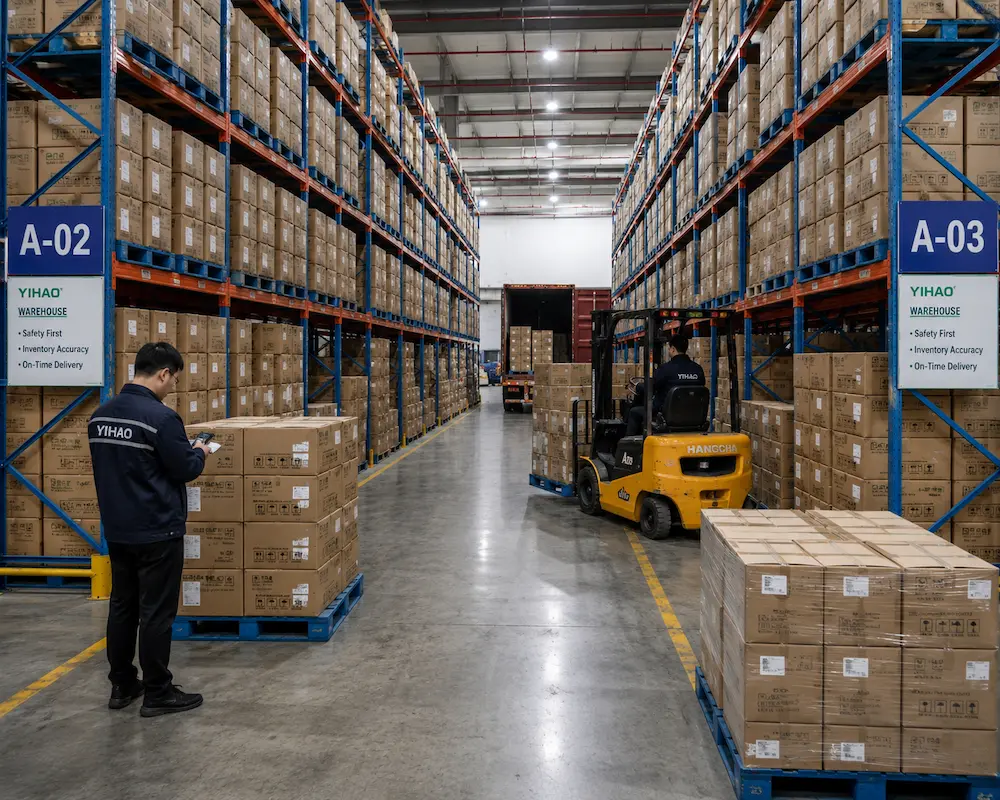 Fruit Packaging for Supermarkets and Convenience Stores Complete Guide 6 YIHAO warehouse with cartons of fruit packaging prepared for wholesale storage and shipping