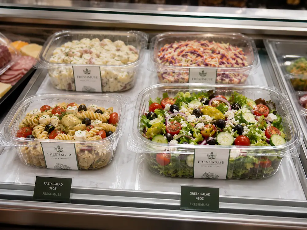 32 oz and 48 oz clear PET salad containers in refrigerated deli display