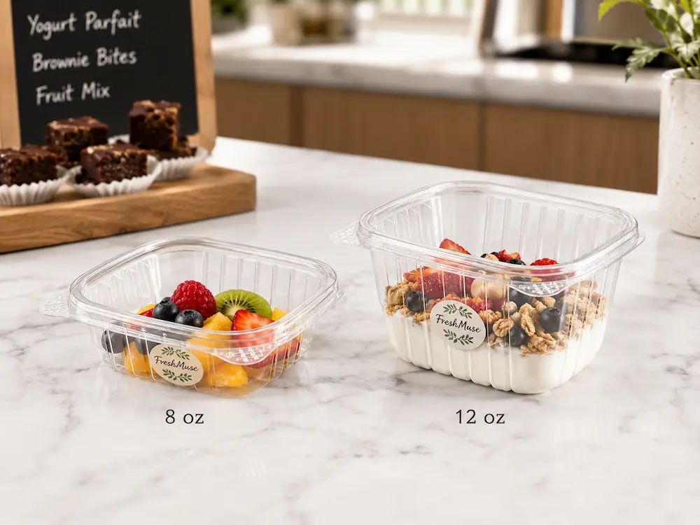 8 oz and 12 oz clear PET containers for fruit and yogurt parfait packaging