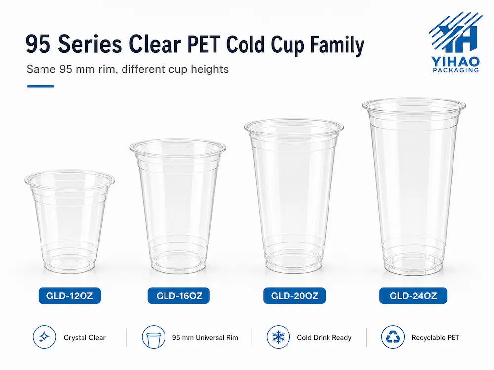 95 series clear PET cold cup family with four cup heights and universal rim
