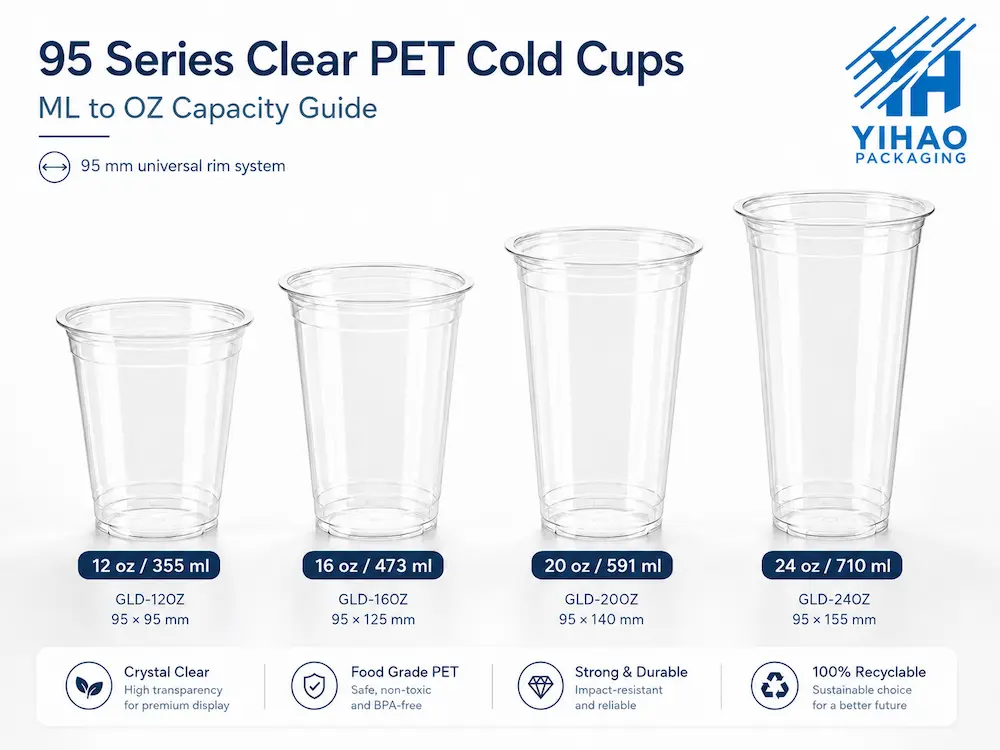 95 series clear PET cold cups ml to oz capacity guide with 12 oz 16 oz 20 oz and 24 oz cups