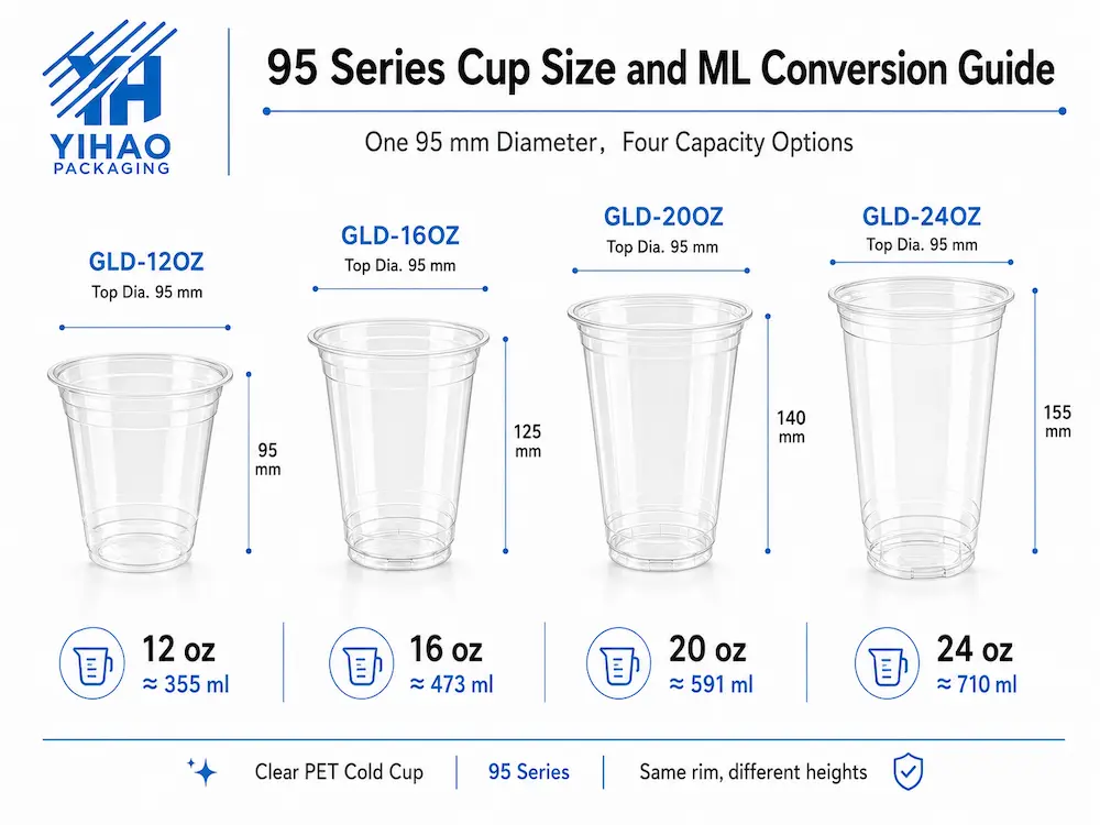 95 series cup size and ml conversion guide with one 95 mm diameter and four capacity options