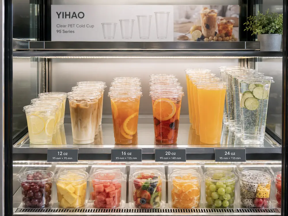 95 series PET cold cups displayed with 12 oz 16 oz 20 oz and 24 oz size labels