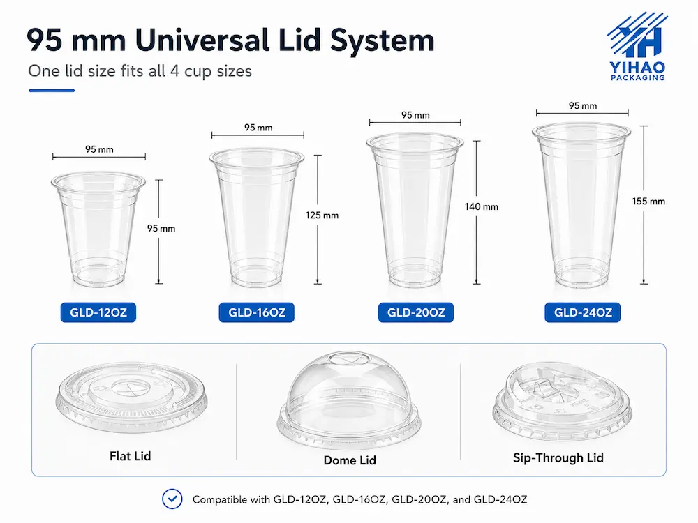 95 mm universal lid system for clear PET cold cups with flat dome and sip-through lids