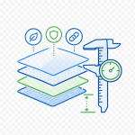 Custom Food Packaging Development and Research Support 1 Food packaging material selection icon with layered sheets, caliper measurement, sustainability, safety, and durability symbols