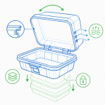 Custom Food Packaging Development and Research Support 2 Hinged food container design icon showing clamshell structure, locking tab, ventilation, stacking, and secure closure features