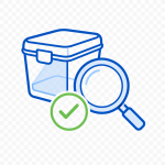 Custom Food Packaging Development and Research Support 4 Food packaging quality control icon with checklist, container, shield, and performance gauge for safety inspection