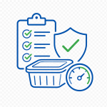 Custom Food Packaging Development and Research Support 6 Food packaging quality control icon with checklist, container, shield, and performance gauge for safety inspection