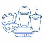 Who We Are PET and RPET Food Packaging Manufacturer 3 Food service packaging icon with takeout box, cups, lids, and beverage cup
